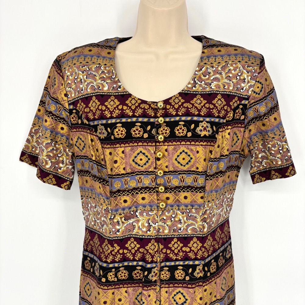 Coco Bianco Womens Vintage 90s Tapestry Print Maxi Dress Gold Buttons Rayon Sz 6